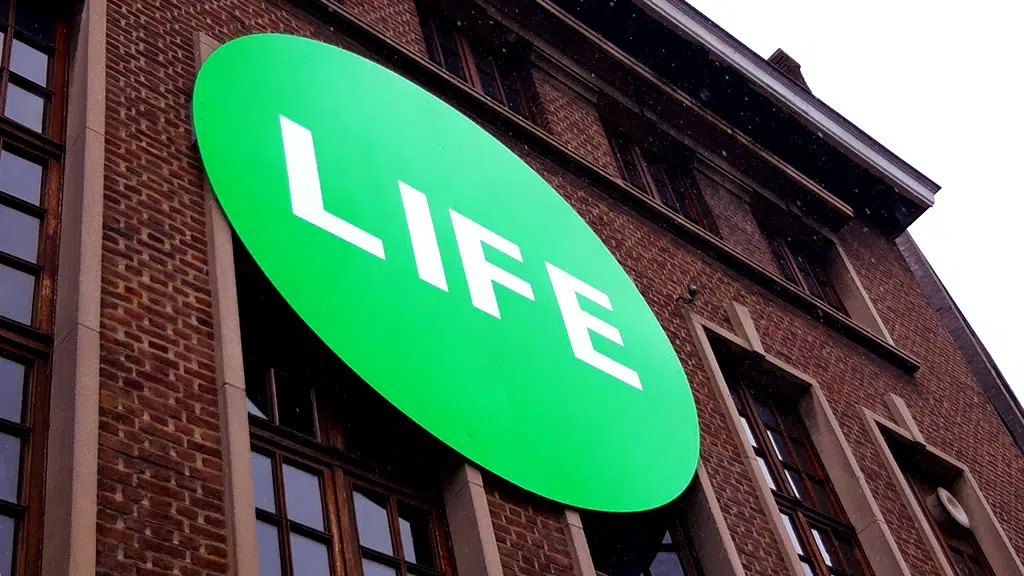 Outdoor dibond aluminium sandwichpaneel contourgefreesd en voorzien van fluo belettering gemonteerd tegen gevel van een winkel